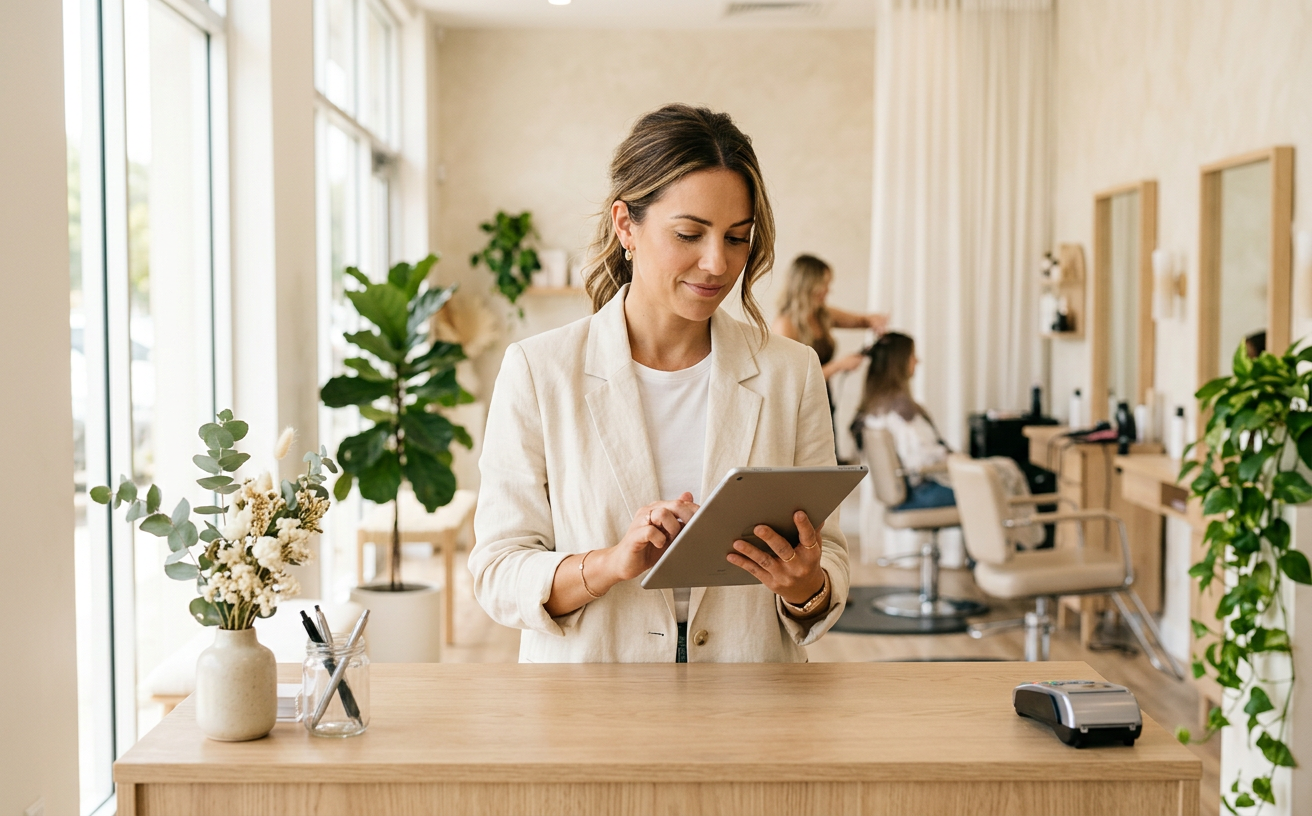 A salon owner checking a tablet at her front desk between clients