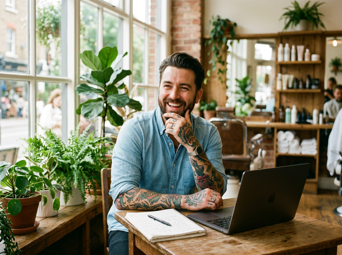 A barbershop owner laughing at a table beside his laptop