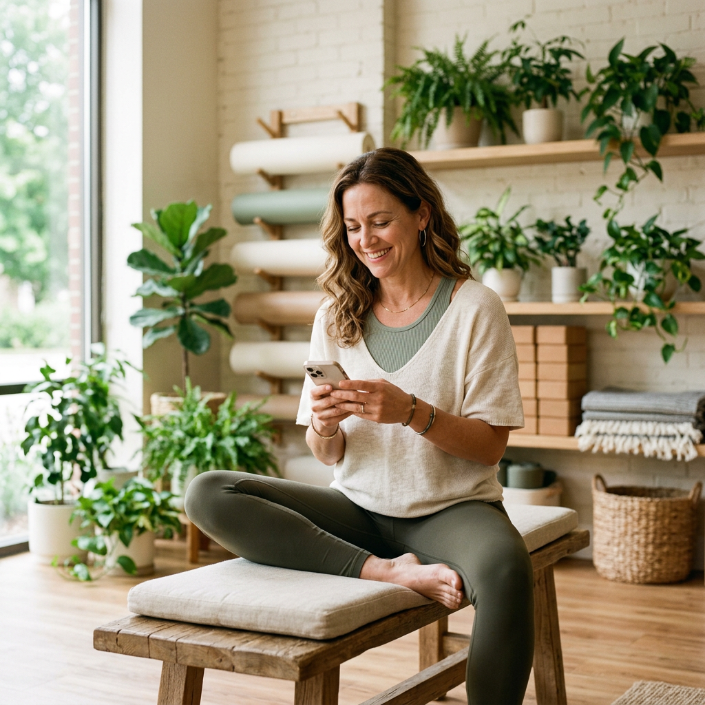 A yoga and pilates studio owner smiling at her phone
